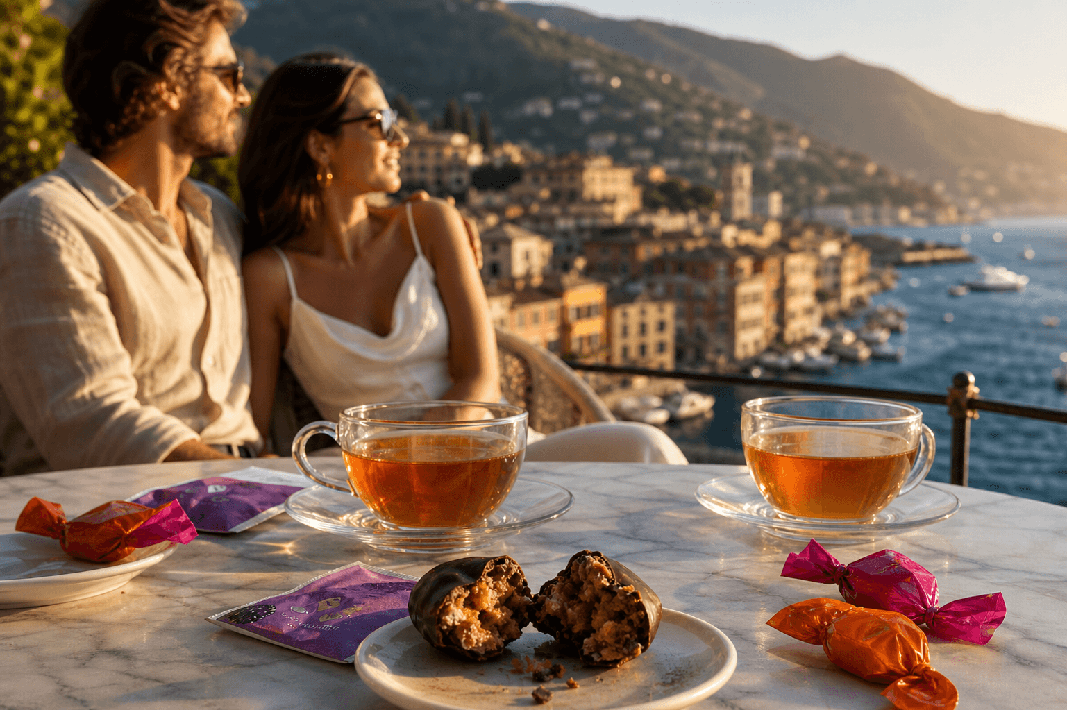Carugetto™ e tè — la pausa delle quattro del pomeriggio, di una coppia, con in sfondo la baia di portofino.
