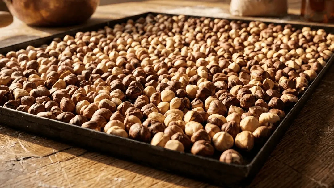 Nocciole Misto Chiavari e Tonde Gentili Piemontesi poste su una teglia, pronte per essere tostate 