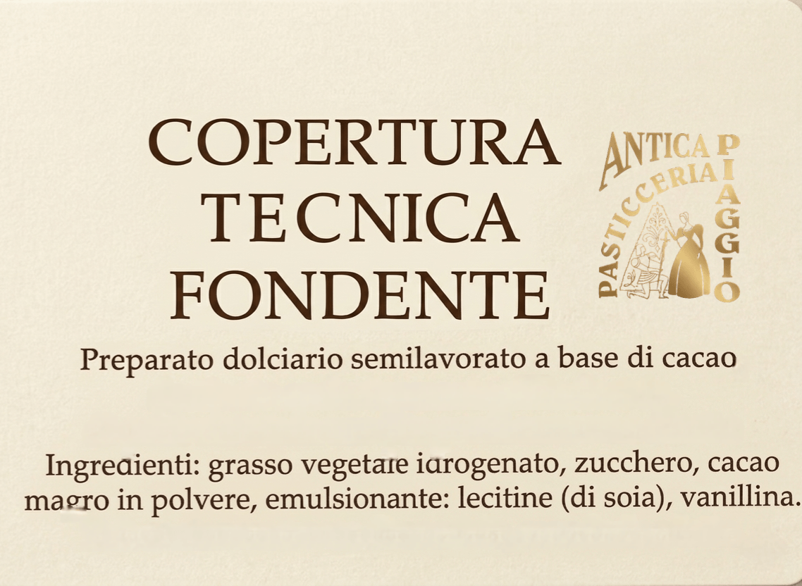 Targhetta della Pasticceria Piaggio sulla copertura tecnica fondente, che certifica la qualita del prodotto sui Carugetti