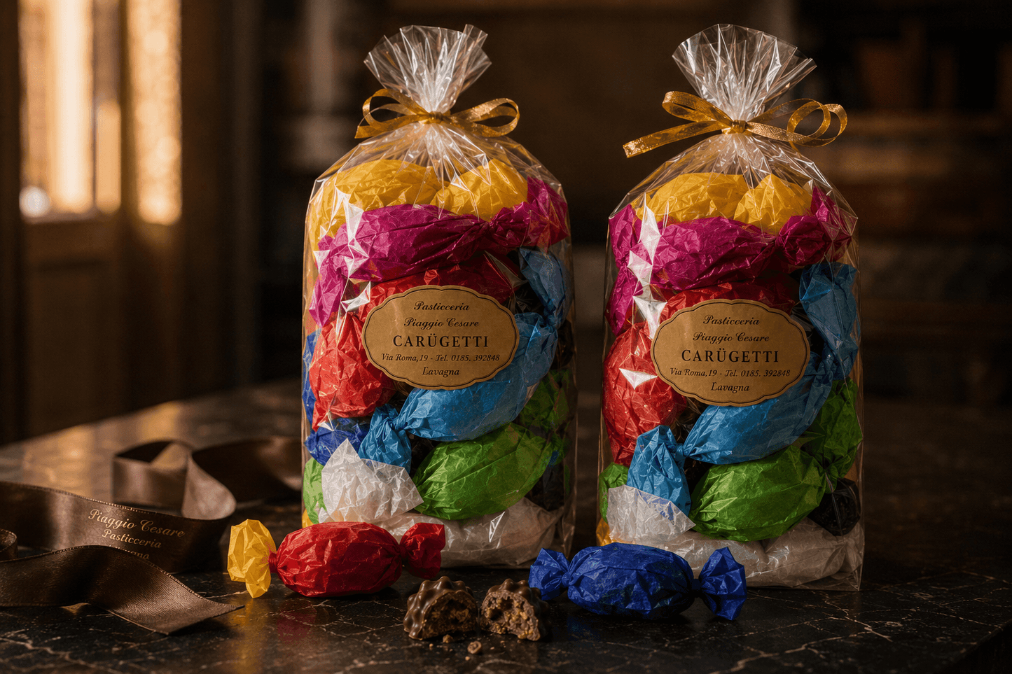 Due confezioni di Carugetti La Riserva su tavolo elegante apparecchiato, atmosfera serale, dolci tipici liguri della tradizione del Tigullio