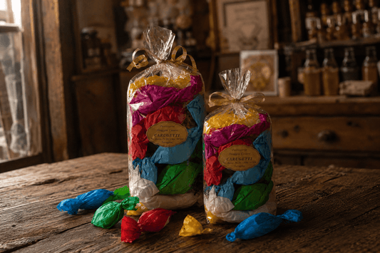 Bundle Carugetti La Tavola con due confezioni da 500g e 300g di meringhe alla nocciola e cioccolato fondente, esposte sul tavolo in legno della Pasticceria Piaggio di Lavagna