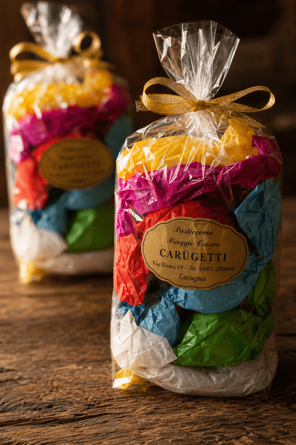 Confezione regalo Carugetti con etichetta dorata Pasticceria Piaggio Cesare di Lavagna, meringhe alla Nocciola Misto Chiavari avvolte in carta colorata
