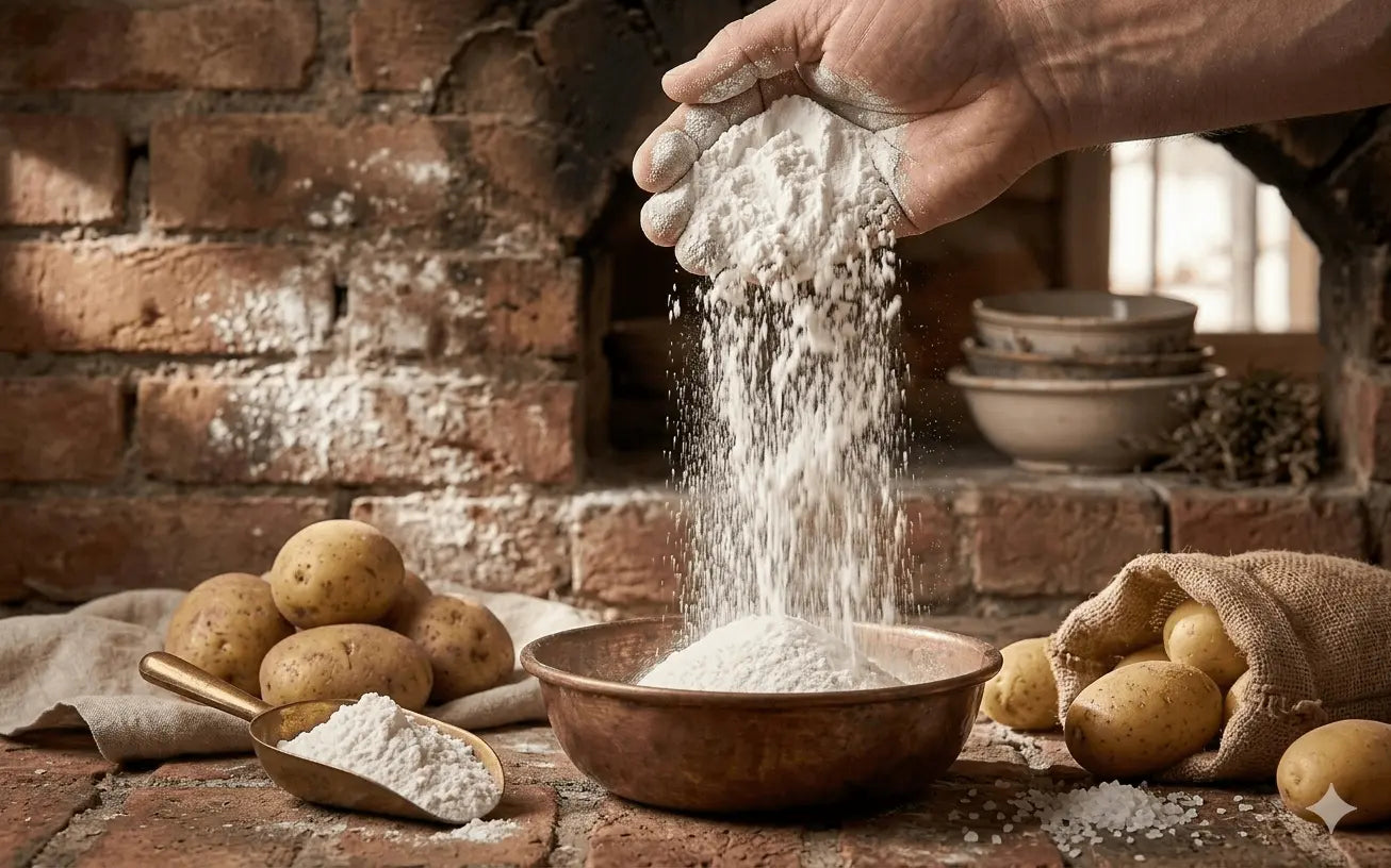 Fecola di patate che cala da una ma no verso una bacinella antica su un tavolo antic, con delle patate di sfondo 