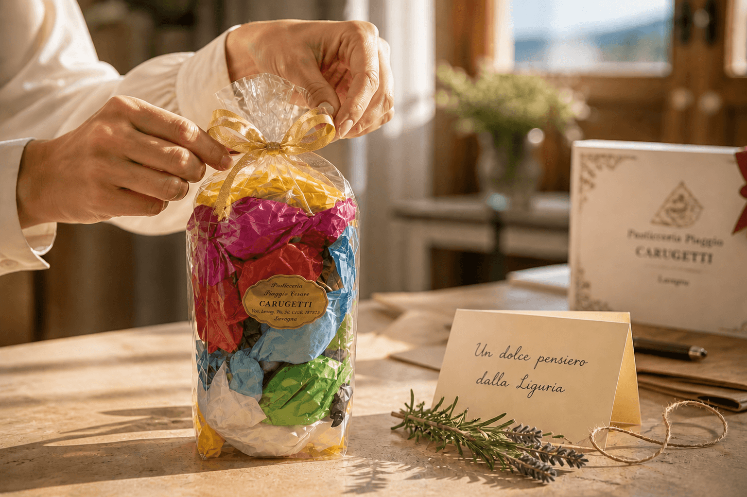 Inquadratura ravvicinata di mani artigiane che rifiniscono una confezione regalo di Carugetti in scatola trasparente con nastro blu, su sfondo luminoso e raffinato. Photorealism.